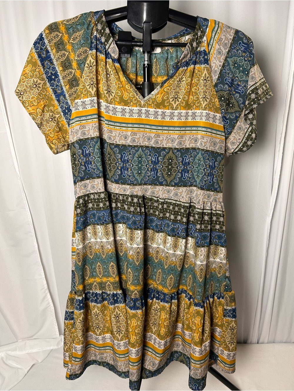 entro Boho Tiered V-Neck Tunic Dress - Mustard, Blue & Olive